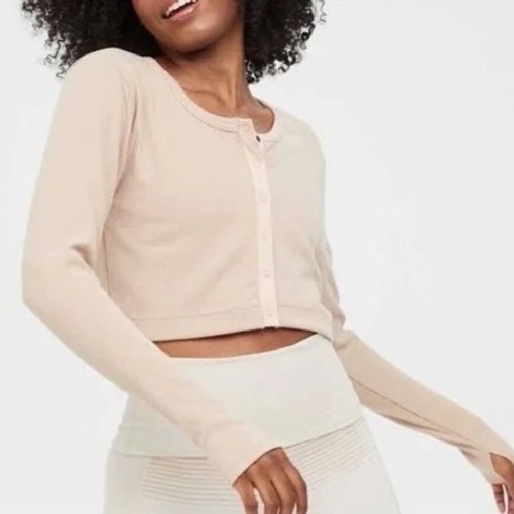 OFFLINE by Aerie Ribbed Henley Cardigan Tan Long Sleeve Crop Top M